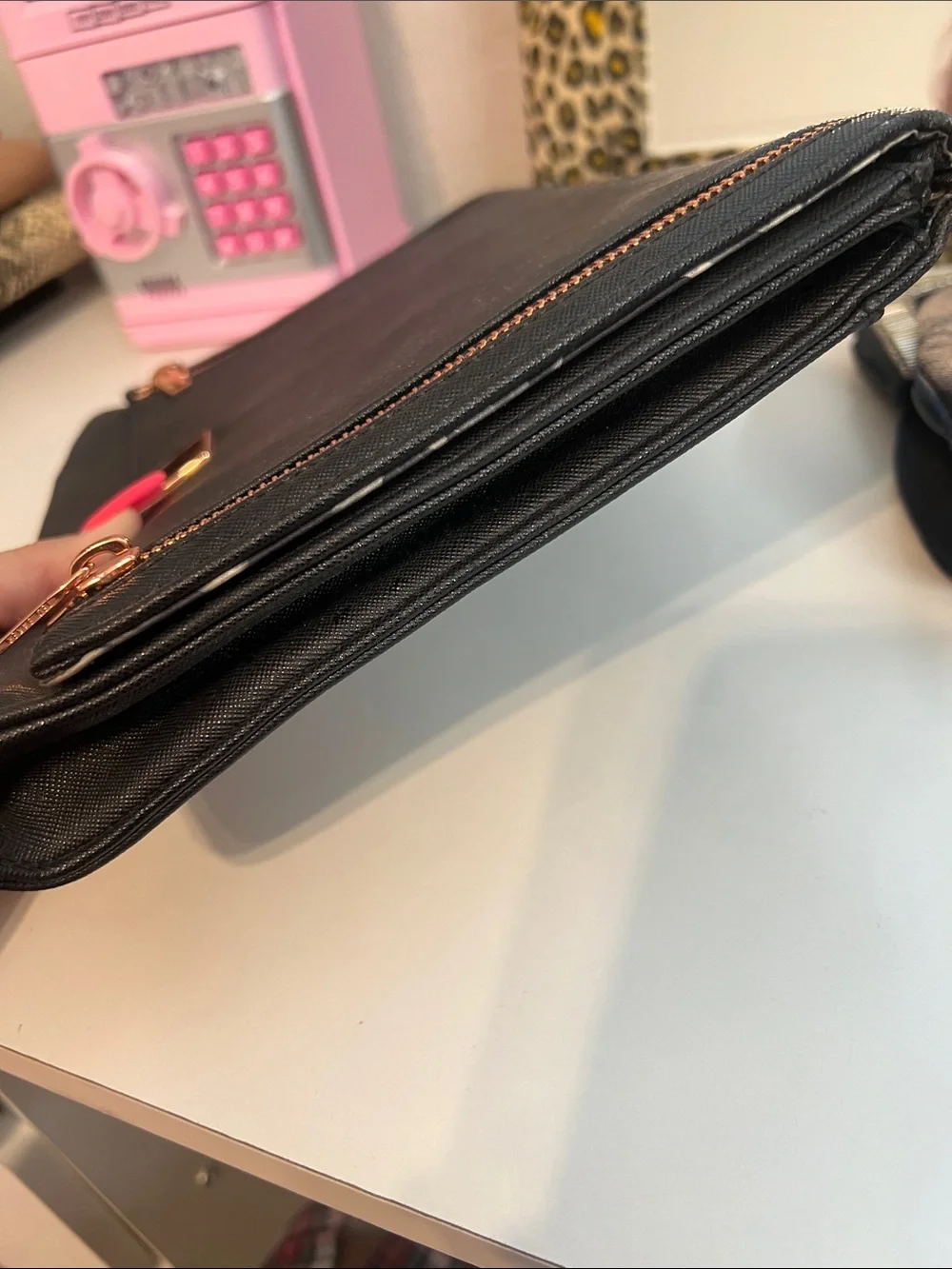 TED BAKER Black saffiano envelope-style clutch dual rose-gold zipper accent
